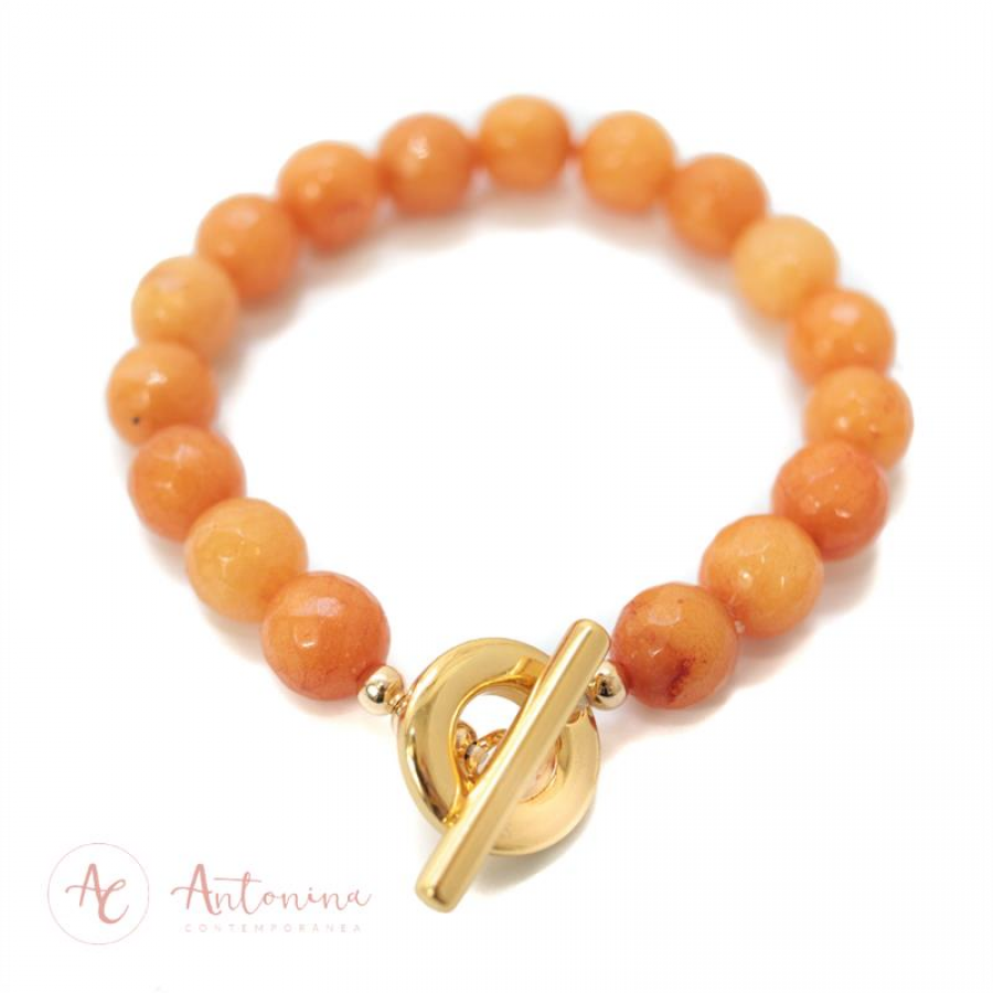 Pulseira Jade Laranja Com Fecho T Banhado Em Ouro 18k