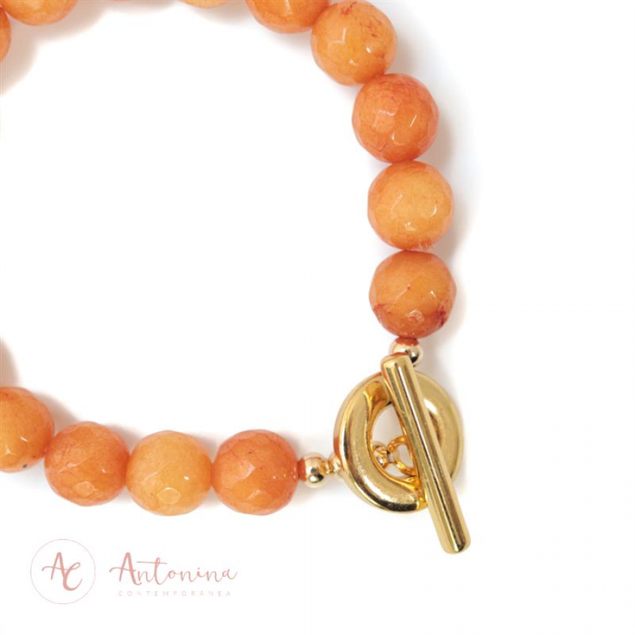 Pulseira Jade Laranja Com Fecho T Banhado Em Ouro 18k