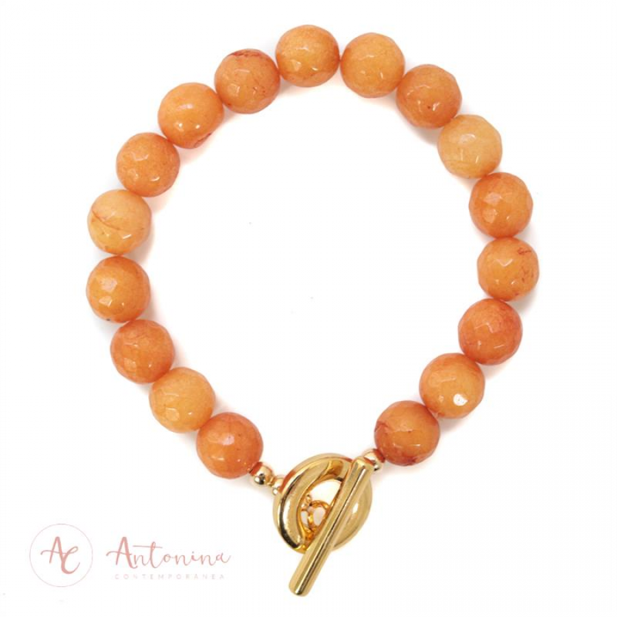 Pulseira Jade Laranja Com Fecho T Banhado Em Ouro 18k