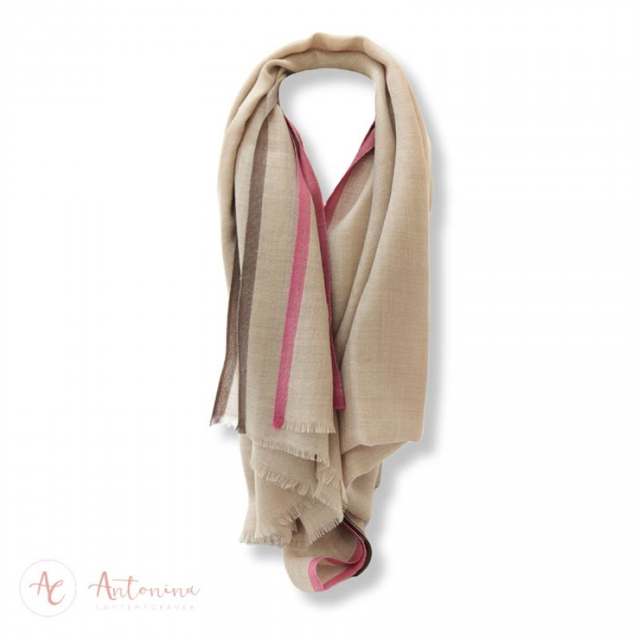 Echarpe De Cashmere E Seda Areia Com Borda Rosa E Marrom